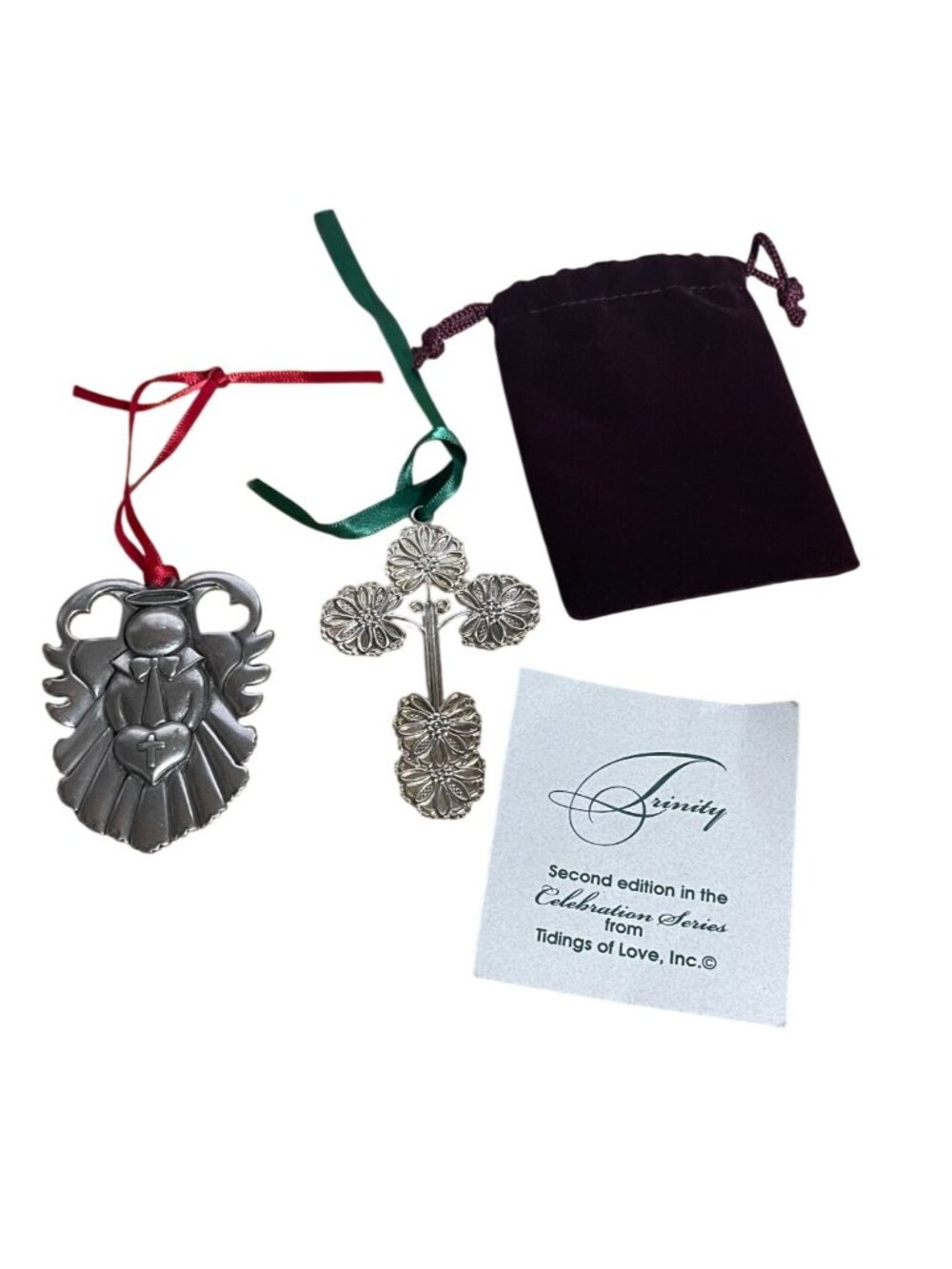 Two Christmas Ornaments Pewter Angel & Trinity Cross Design Signed Jane VTG 2000